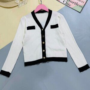 Black Trim White Ribbed Knit Cardigan